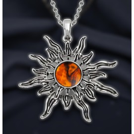 Amber Sun Necklace in Sterling Silver – 40mm Celestial Pendant with Rustic Amber Paua Shell – Statement Necklace with Gift Box – Nature-Inspired Jewelry Gift for Women