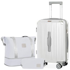Romswi 3-Piece Carry-On Luggage Set with Cup Holder TSA Lock, 20" Hardside Spinner Suitcase with Duffel Bag, Lightweight Durable PC+ABS Travel Luggage White