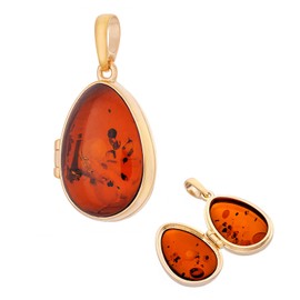 AMBEDORA Women's Amber Pendant with Amber, Gold-Plated Sterling Silver, Natural Baltic Amber, Oval Locket 2 with Free Chain, Sterling Silver, Amber