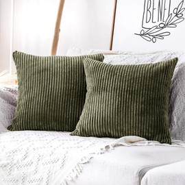 MUDILY One Piece Throw Pillow Covers Striped Velvet Corduroy Couch Pillow Cushion Covers Pillowcases for Sofa Bedroom Car, Olive Green 22 x 22 inch 55 x 55 cm