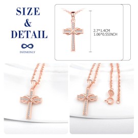 INFINIONLY Fashion Women's / Girls' Cross Necklaces Earrings Creative Necklace with Chain 925 Silver Jewellery Sets Cross Infinity Symbol Necklace with Pendant and Stud Earrings with Zircon, Rose