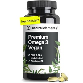 natural elements Premium Omega 3 Vegan - 60 Capsules - 2000mg Algae Oil, 800mg DHA and 400mg EPA per Daily Dose - Omega-3 for Vegans - High Dose, No Unnecessary Additives - Laboratory Tested Quality