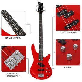Electric Bass Guitar 4 Strings Full-Size Standard Bass PB-Style Beginner Kit Black for Starter with Gig Bag Guitar Strap and Guitar Cable (IB-red)