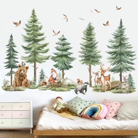 wondever wondever Mountain Tree Wall Stickers Decor for Kids Room Large Pine Tree Forest Animals Bear Deer Peel and Stick Wall Art Decals for Baby Bedroom Nursery