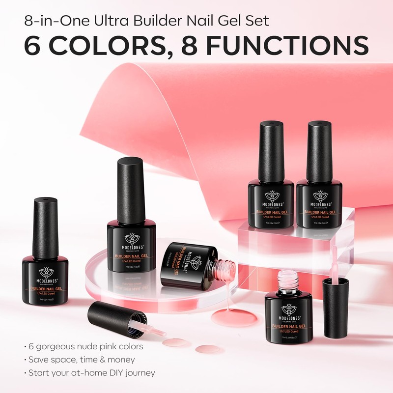 Modelones Builder Gel 6 Colors, 8-in-ONE Pink Clear Gel Builder