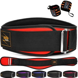 EVO Fitness Weight Lifting Belt AUTO LOCK 6.5” Neoprene Padded Back Lumbar Support Gym Training Exercise Workout Bodybuilding Powerlifting Deadlifts Squats with 18" Wrist Wrap (X-Large, Red)