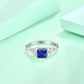 Blaniy Celtic Knot Ring 925 Sterling Silver Princess Cut Promise Engagement Ring Trinity Irish Ring Sapphire September Birthstone Jewelry Gifts for Women Size 6