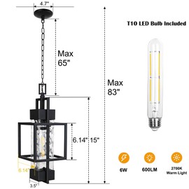 PARTPHONER 15" Outdoor Indoor Pendant Light Exterior Hanging Lantern, Modern Black Metal Outside Chandelier Light Fixture Ceiling Mount with Water Glass for Front Porch Entrance Foyer Entryway (Bulb Included)