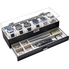 ProCase Watch Case for Men, 6 Slot Watch Display Case With Clear Acrylic Lid, Mens Watch Box Organizer With Drawer, 2-Layer Jewelry and Watch Storage Holder for Men Women -6 Slot, Black