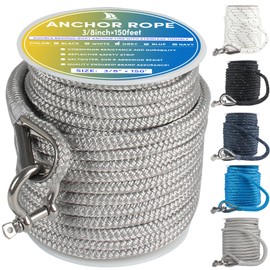 VEITHI Boat Anchor Rope 150 ft x 3/8 inch Grey, Double Braided Anchor Line with Stainless Steel Thimble & Shackle, Marine Rope Ideal for Towing,Mooring,Decks,Anchoring,for Boats Up to 27'