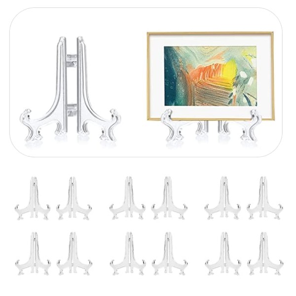 quiodok 12 Pcs 6 inch Clear Plastic Plate Display Stand, Plastic Easel Plats, Picture Photo Frame Stand Holder for Weddings, Home Decoration, Birthdays, Tables to Display Pictures or Other Items