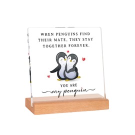Romantische Pinguin-Paar Acryl-Tischaufsteller mit Holzständer, 15 x 15 cm, Liebeszitat, Geschenkidee für Paare Hochzeitstag, Jahrestag Geschenk für Sie, Valentinstagsgeschenk für Ihn