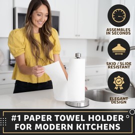 Dear Household Stainless Steel Paper Towel Holder Easy One-Handed Operation - This Sturdy Weighted Paper Towel Dispenser Countertop Model Has Suction Cups and Holds All Paper Towel Rolls - Silver