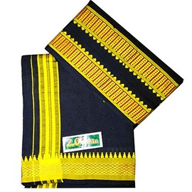 Stylesindia Cotton Single Layer Colored Dhoti 1.8 Meters Length Lungi Sarong with Resham/Zari Designer Border Angavastram, Black, One Size