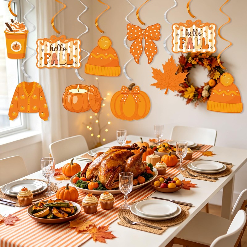 Fall Hanging Swirls Decorations, Bow Pumpkin Hello Fall Party Decorations,