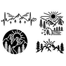 Mountain Decals 4 Pack: Mountain Heartbeat, Sun Mountain Trees, Mountain Cartoon Decal, Circle Mountains (Small ~3.5", Black)
