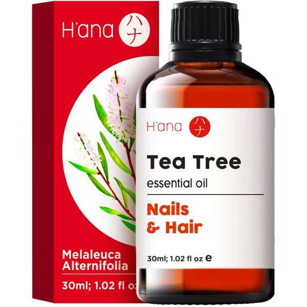 H'ana Australian Tea Tree Oil for Skin, Hair, Face & Toenails (1 fl oz) - Therapeutic Natural Melaleuca Tea Tree Essential Oil for Piercings, Scalp & Hair Growth