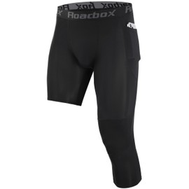 Roadbox Men's One Leg Compression Pants 3/4 Basketball Football Tights Leggings with Pockets, Capri Sports Athletic Underwear