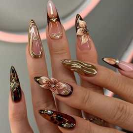 Long Press on Nails Stiletto Fake Nails Brown False Nails Flowers Artificial Nails with Charm Designs Stick on Nails for Women 24pcs