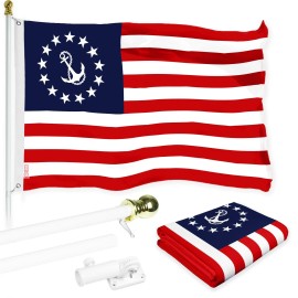 UD_G128 Combo Pack: 6 Ft Tangle Free Aluminum Spinning Flagpole (White) & American USA Yacht Ensign Flag 3x5 Ft, LiteWeave Pro S