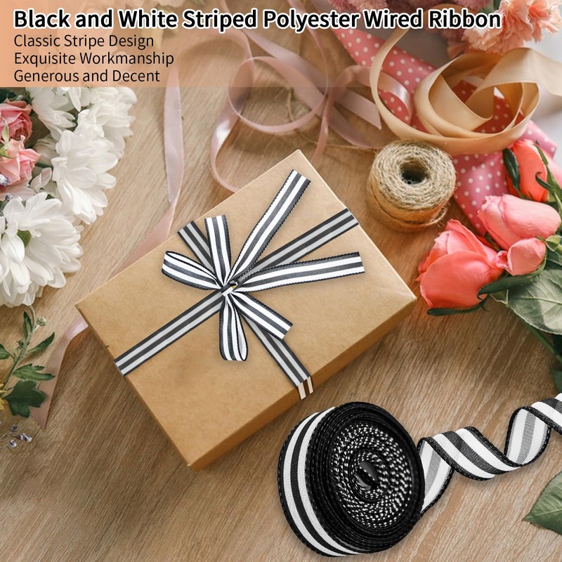 Mupera Black & White Striped Wired Ribbon - 1" x