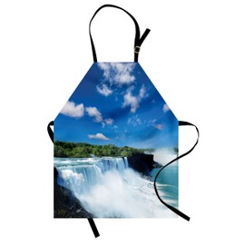 Lunarable Waterfall Apron, Big Powerful Niagara Waterfalls Flowing Fastly Dreamy Wild Space Photo, Unisex Kitchen Bib with Adjustable Neck for Cooking Gardening, Adult Size, Green White