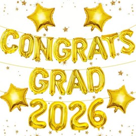2026 Congrats Grad Balloons Graduation Decorations 2026, 16 Inch Gold Congrats Grad Foil Mylar Balloon Banner Sign for High School College Class of 2026 Congratulations Graduate Party Decor Supplies