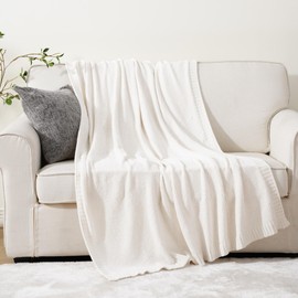 BATTILO HOME White Throw Blanket for Couch, Farmhouse Cream Throw Blanket, Chenille Knit Throw Blanket Neutral Blanket for Bed Sofa Home Decor, 51"x67" (Ivory)