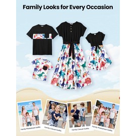 PATPAT Family Matching Outfits for Photoshoot Mommy and Me Dinosaur Dresses Drop Shoulder Design Round Neck Belted Ruffle Dresses and Short-Sleeve T-Shirts Sets Black Dinosaur Dress Girls 8-9 Years