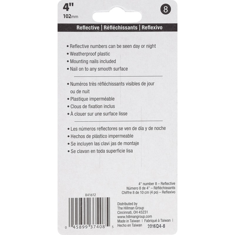 HIllman 841612 4-Inch Nail-On Reflective Plastic House Number 8