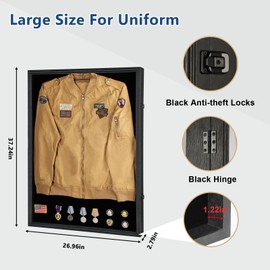 Sboitflmm Military Uniform Display Case - Police Uniform Display Case - Lockable Wall Mount Cabinet with UV Protection Acrylic Door for Military Uniform, Jacket, XXL Jersey, Badage-Black