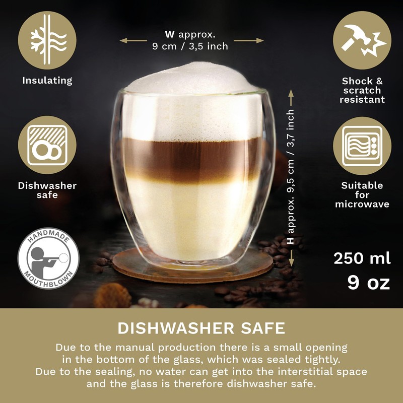 Creano Double Walled Coffee Glasses 250ml - Insulated Cappuccino Cups