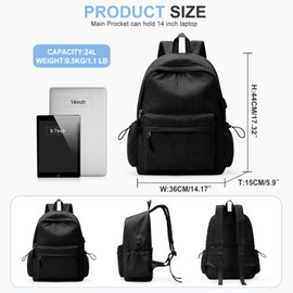 WEPOET Black School Backpack for Teens Boys Girls Cute Corduroy Bookbag Classic Casual High School Bag Lightweight College Backpack For Women Men