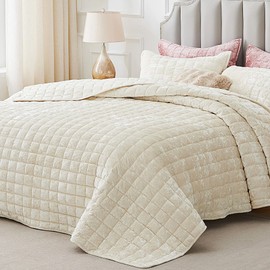 BEDELITE BEDELITE Velvet Quilt Set Queen Size - Lightweight Luxury Quilted Bedding Set,Soft Cozy Cream White Comforter Set,3 Pieces Oversized Bedspread Coverlet for All Seasons with 2 Pillow Shams