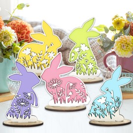 FYSUIMU 5Pcs Easter Bunny Wooden Table Signs Pastel Floral Rabbit Tabletop Centerpiece Tiered Tray Decor for Spring Home Office Party Favors Supplies