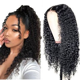 Hxxcoup 1B Natural Black Color 13x6 Lace Front Wig with Natural Hairline Curly Wave Human Hair Wigs Wear and Go Glueless Baby Hair No Smell 180% Density for Woman 26 Inch