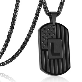 Kalanophel L Initial Letter Necklace for Men, American Flag Dog Tag Military Pendant Chain Husband Boyfriend Him Valentine's Day Birthday Anniversary Jewelry Gift Black