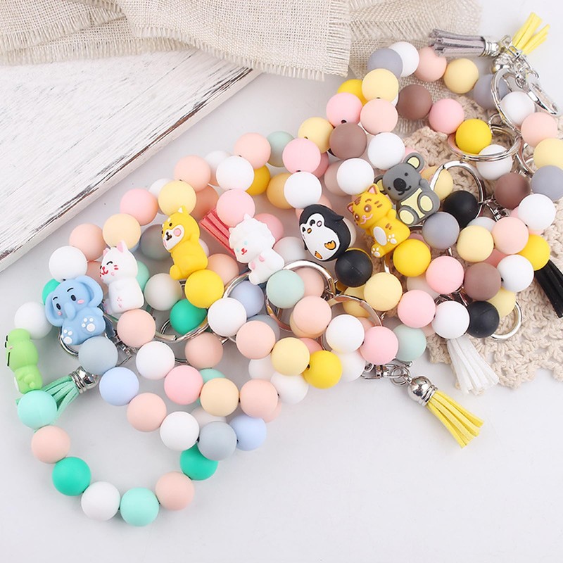 Animals Beaded Silicone Bracelet Wristlet Keychain, Cat Dog Elephant Lamb