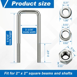 4 Pcs Hotop 304 Stainless Steel Square U-Bolt Boat Trailer U-Bolts with Washers and Nuts l Heavy Duty U Bolt for Sailboat Trailer Automobiles Industrial Part (1/2 D x 2 1/16 W x 6 5/16 Inch)