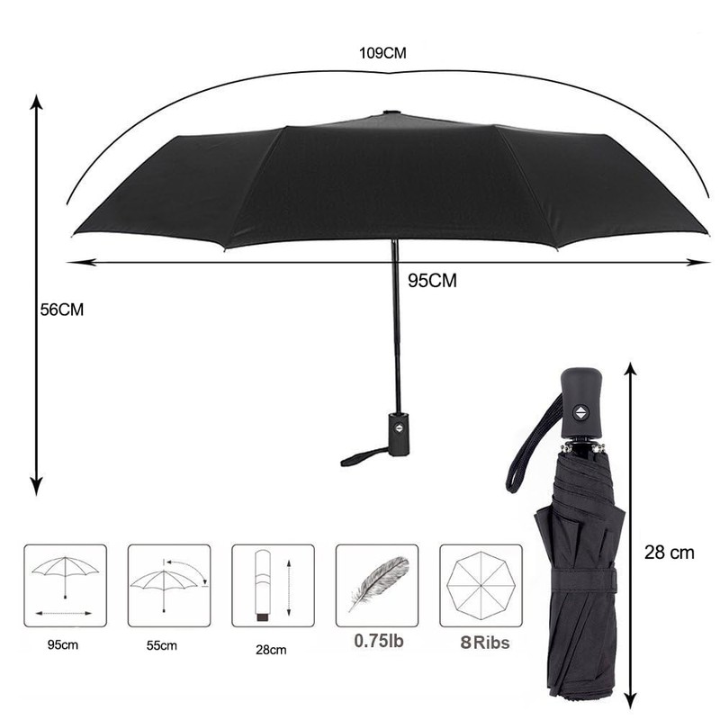 Portable Umbrella, Compact Folding Umbrella, Windproof with Reinforced Canopy, Automatic