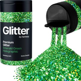 Emerald Green Holographic Glitter Extra Chunky 115g/4.1oz Metallic Resin Craft Glitter Flake Sequins for Epoxy Tumblers Hair Face Body Eye Glitter Nail Art Festival DIY Party Decorations