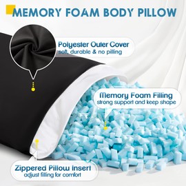 MAGIC ELEPHANT Body Pillow, Memory Foam Body Pillow for Adults, Long Pillow for Bed and Sleeping, Full Long Bed Pillow Insert with Cover (Black, 20x54 Inch)