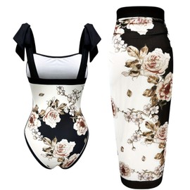 Xumplo Women's Swimming Costume 2 Piece Swimwear Floral Adjustable Bow-Tie Shoulders Matching Cover Up Skirt Swimsuits Bathing Suit-S Black