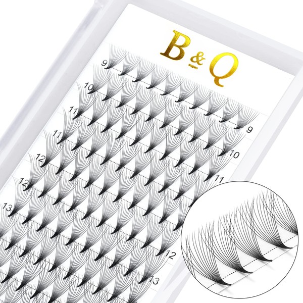 B&Q Ready-to-Use Fan Eyelashes, 12D-C-0.05-9-15 Mix, Pointed Base, Eyelash Extensions,