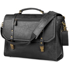 Mens messenger bag 15.6 inch, Waterproof Leather Laptop Briefcase Large Computer Laptop Bag Leather Satchel Bag Retro Shoulder Bag for Office Business Travel College Black