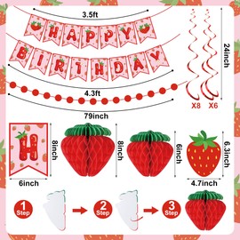 Strawberry Birthday Party Decorations Strawberries Happy Birthday Banner Honeycomb Balls and Hanging Swirls Strawberries Paper Banner Set for Strawberry Theme Birthdays Party Supplies