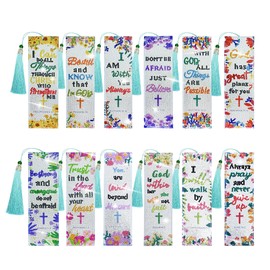 12Pcs Christian Bible Verse Diamond Art Bookmark for Adults Pu Leather Flower Cross 5d Diamond Painting Bookmarks with Tassel for DIY Making Kit for Reading Lover Book Lover DIY Crafts Religious Gift