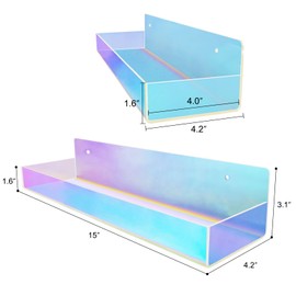 TLBTEK 2 Pcs 15 inch Iridescent Rainbow Floating Shelves,Colorful Acrylic Irridescent Floating Shelves Wall Mounted Storage for Bathroom, Bedroom, Living Room, Kitchen (Without Edge)