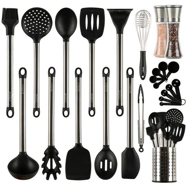 SMIRLY Silicone Kitchen Utensils Set with Holder - Black Cooking Utensils Set for Nonstick Cookware, Spatula Set & Kitchen Essentials Tools Set - Home & Kitchen Accessories