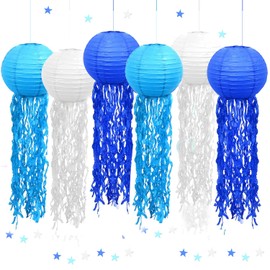 Paper Lantern Decoration, Pack of 6 Jellyfish Paper Lanterns, Ocean Lanterns, Lampshade, Mermaid Birthday Decoration, Ocean Theme Party Supplies for Children Theme Party (Blue)